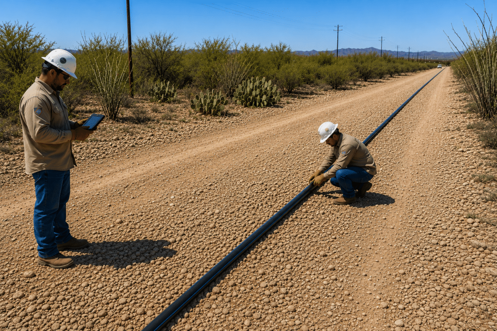 two men with long line of black poly pipe